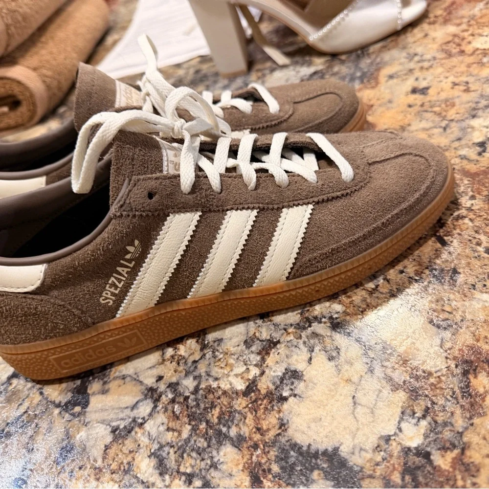 adidas Spezial Chocolate Brown Suede Sneakers with Off-White Stripes - Picture 4 of 6